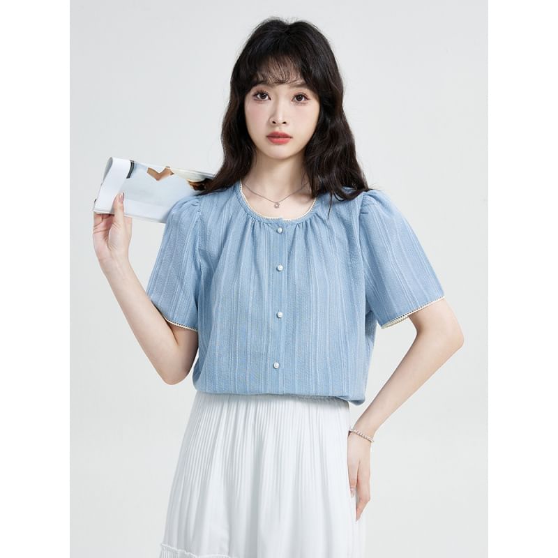 Short-Sleeve Crew Neck Striped Lace Trim Button-Up Blouse
