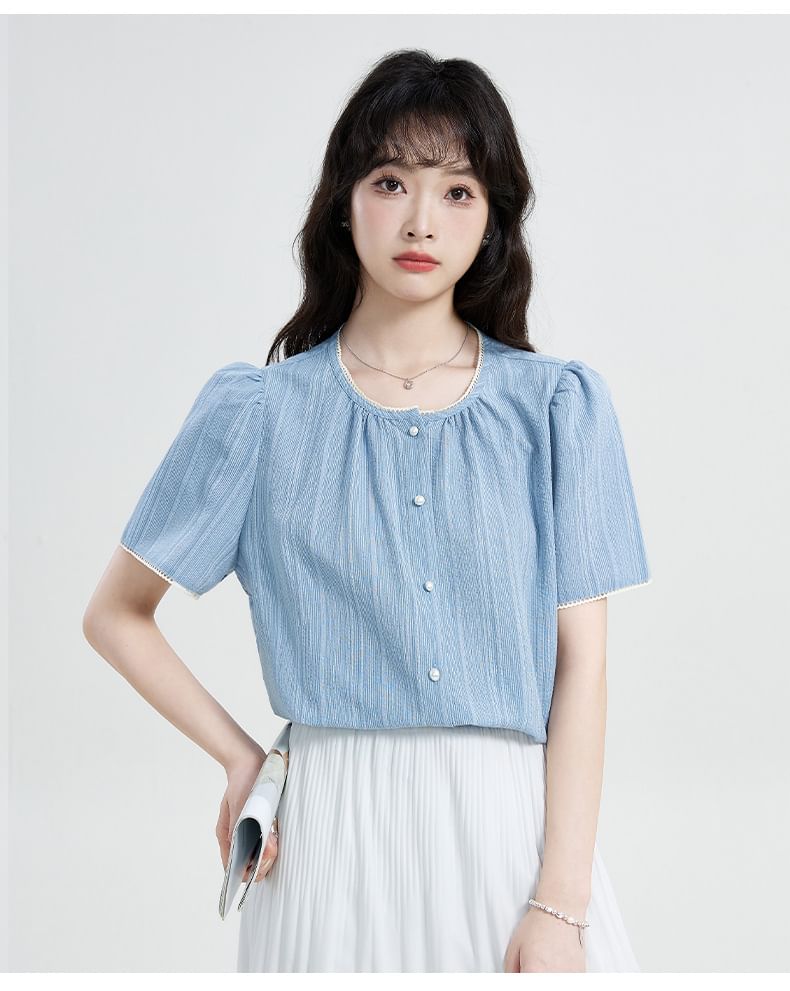 Short-Sleeve Crew Neck Striped Lace Trim Button-Up Blouse
