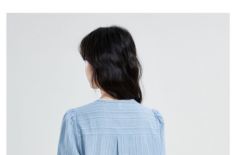 Short-Sleeve Crew Neck Striped Lace Trim Button-Up Blouse