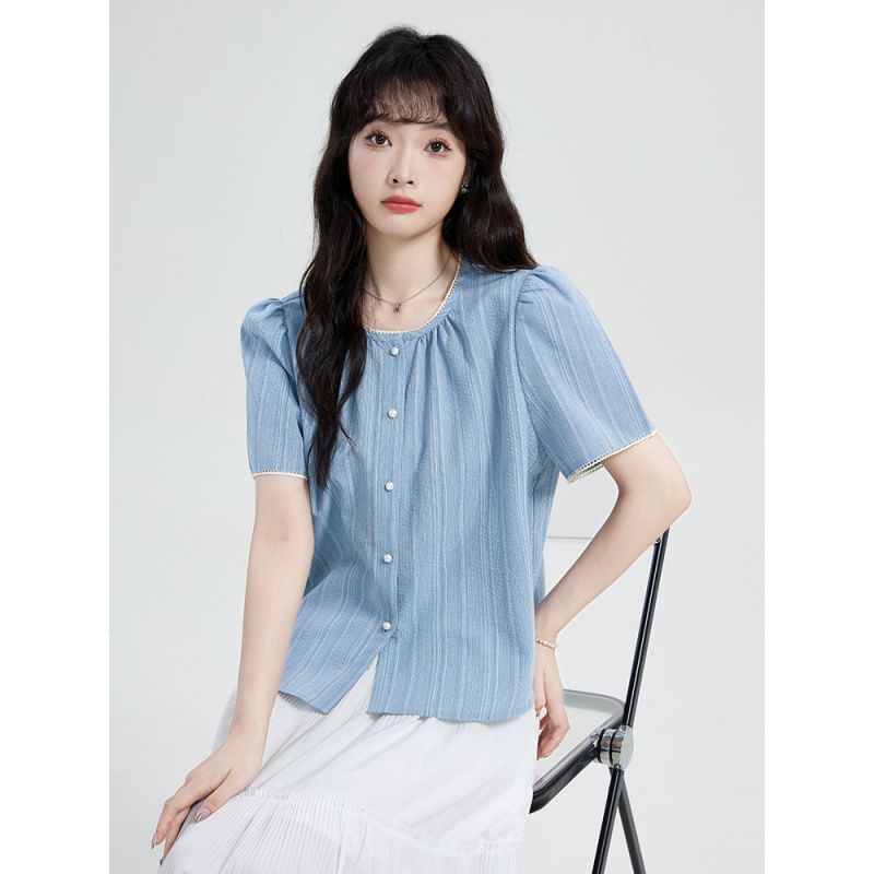 Short-Sleeve Crew Neck Striped Lace Trim Button-Up Blouse