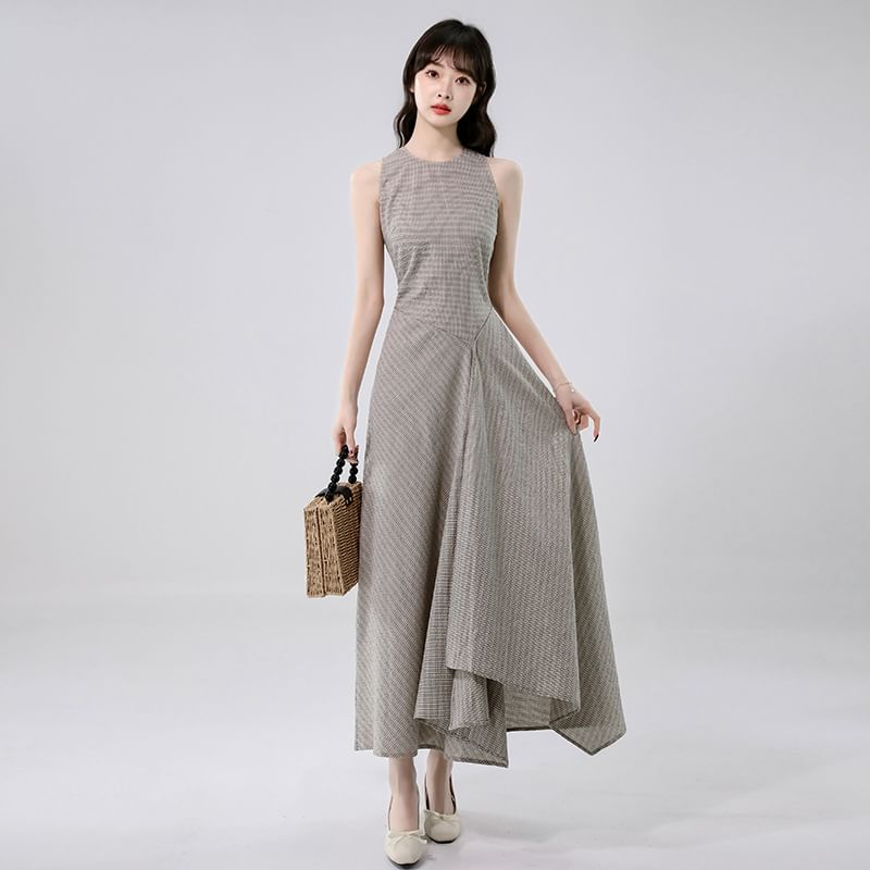 Sleeveless Crew Neck Plaid Asymmetrical Maxi A-Line Dress