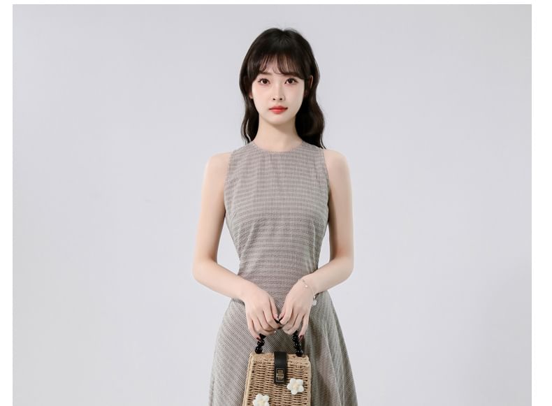 Sleeveless Crew Neck Plaid Asymmetrical Maxi A-Line Dress