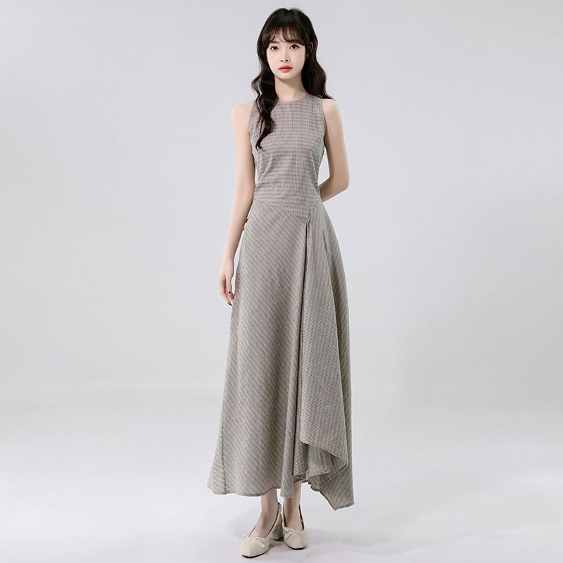 Sleeveless Crew Neck Plaid Asymmetrical Maxi A-Line Dress