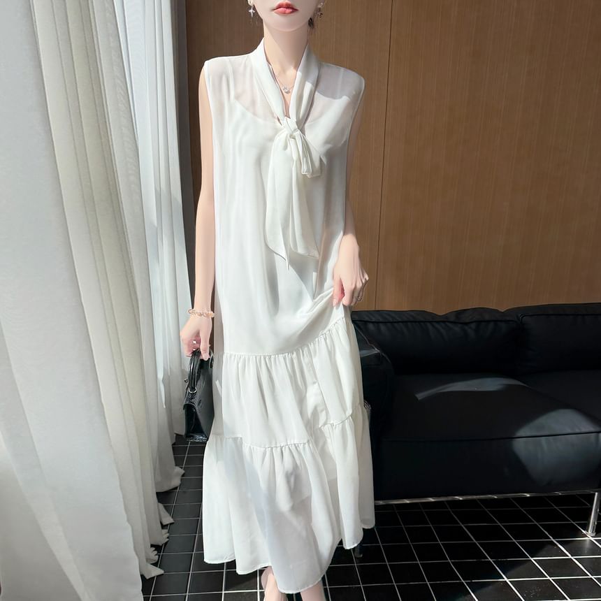 Sleeveless Scarf Neck Plain Sheer Maxi A-Line Dress