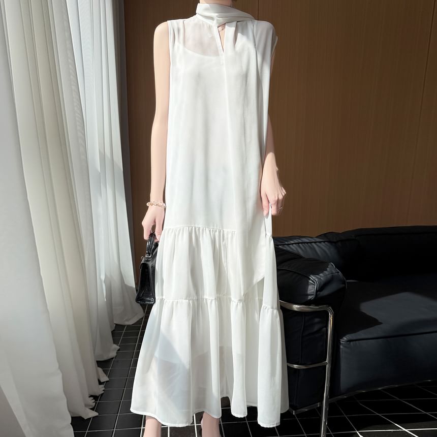 Sleeveless Scarf Neck Plain Sheer Maxi A-Line Dress