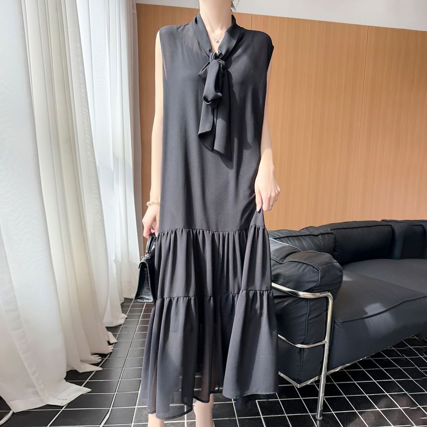 Sleeveless Scarf Neck Plain Sheer Maxi A-Line Dress