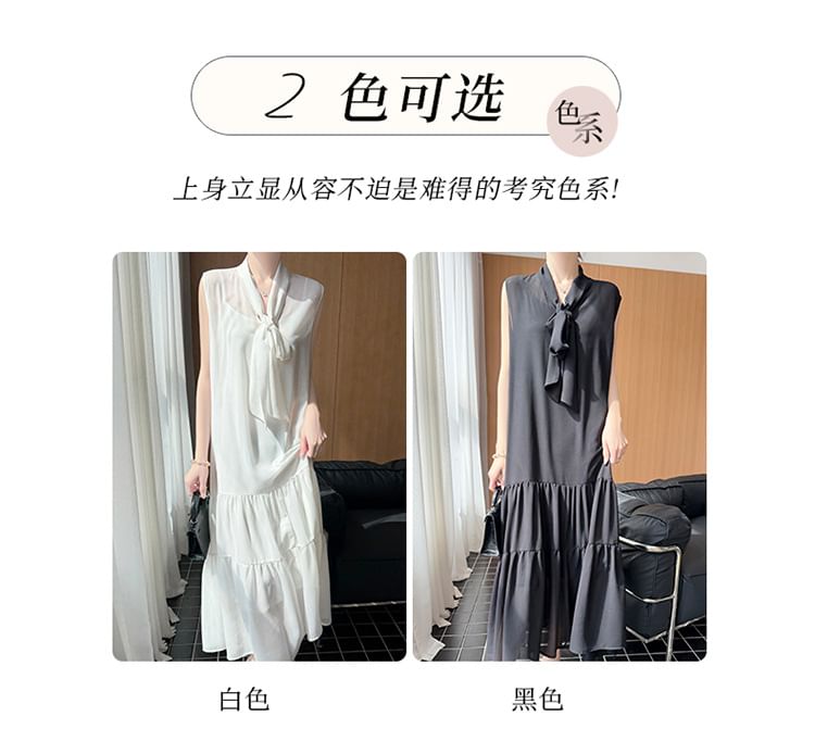 Sleeveless Scarf Neck Plain Sheer Maxi A-Line Dress