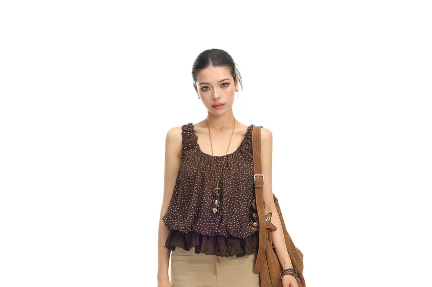 Sleeveless Scoop Neck Dotted Lace Trim Tank Top