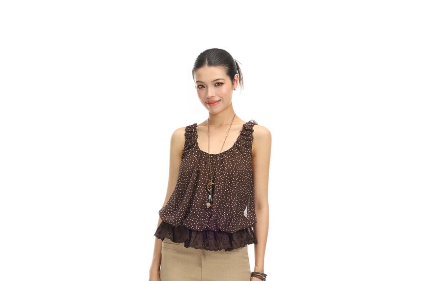 Sleeveless Scoop Neck Dotted Lace Trim Tank Top