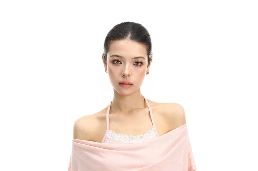 Short-Sleeve Cowl Neck Plain Lace Trim T-Shirt