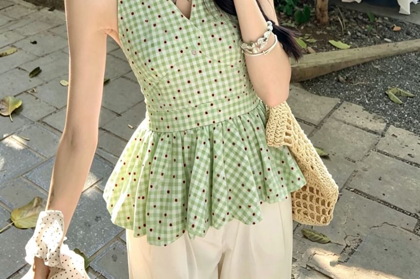 Halter V-Neck Dotted Bubble Hem Tank Top