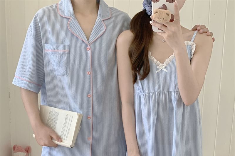 Couple Matching Spaghetti Strap V-Neck Striped Lace Trim Pajama Dress / Elbow-Sleeve Lapel Collar Button-Up Top / Camisole Top / Shorts / Pants / Set (Various Designs)