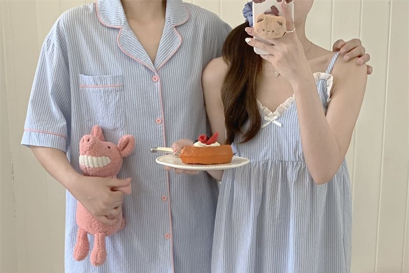 Couple Matching Spaghetti Strap V-Neck Striped Lace Trim Pajama Dress / Elbow-Sleeve Lapel Collar Button-Up Top / Camisole Top / Shorts / Pants / Set (Various Designs)