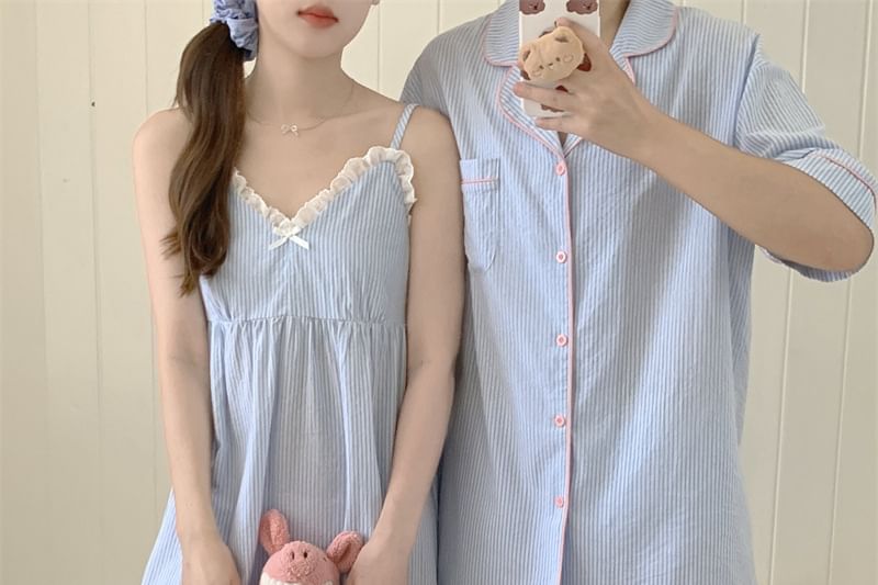 Couple Matching Spaghetti Strap V-Neck Striped Lace Trim Pajama Dress / Elbow-Sleeve Lapel Collar Button-Up Top / Camisole Top / Shorts / Pants / Set (Various Designs)
