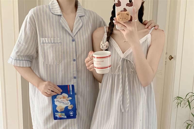 Couple Matching Elbow-Sleeve Lapel Collar Striped Button-Up Pajama Top / V-Neck Lace Trim Camisole Top / Shorts / Set (Various Designs)