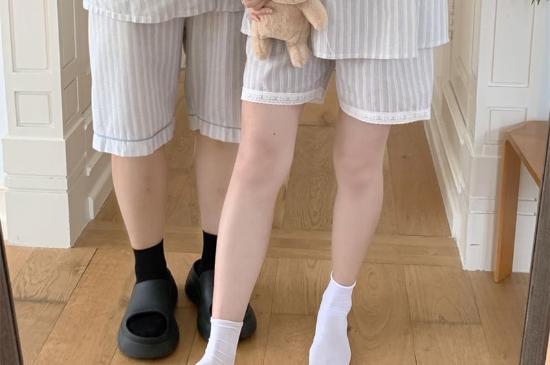 Couple Matching Elbow-Sleeve Lapel Collar Striped Button-Up Pajama Top / V-Neck Lace Trim Camisole Top / Shorts / Set (Various Designs)