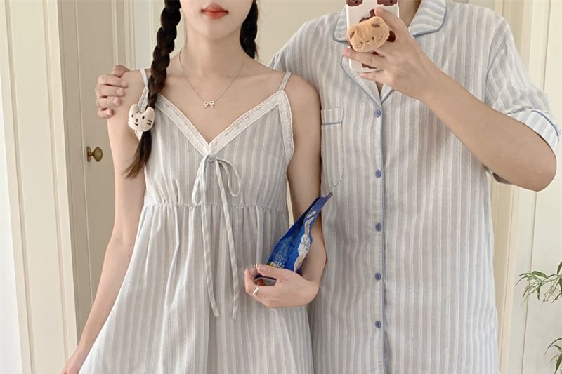 Couple Matching Elbow-Sleeve Lapel Collar Striped Button-Up Pajama Top / V-Neck Lace Trim Camisole Top / Shorts / Set (Various Designs)
