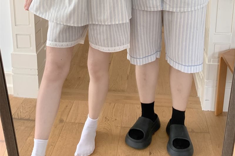 Couple Matching Elbow-Sleeve Lapel Collar Striped Button-Up Pajama Top / V-Neck Lace Trim Camisole Top / Shorts / Set (Various Designs)