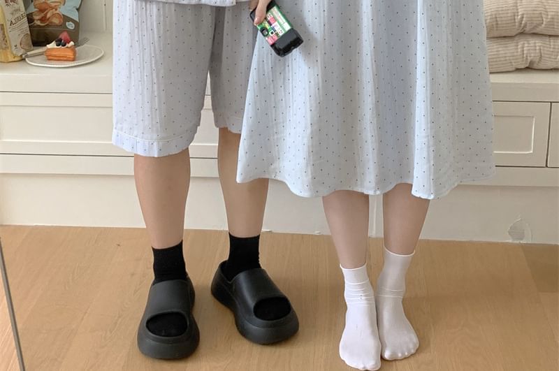 Couple Matching Elbow-Sleeve Lapel Collar Micro Dot Button-Up Pajama Top / V-Neck Lace Trim Camisole Top / Shorts / Pants / Set (Various Designs)