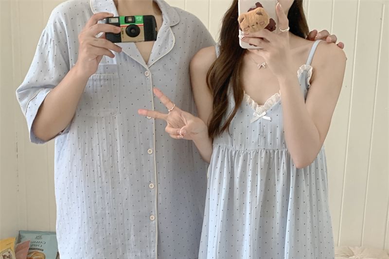 Couple Matching Elbow-Sleeve Lapel Collar Micro Dot Button-Up Pajama Top / V-Neck Lace Trim Camisole Top / Shorts / Pants / Set (Various Designs)