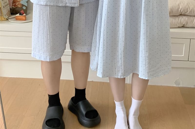 Couple Matching Elbow-Sleeve Lapel Collar Micro Dot Button-Up Pajama Top / V-Neck Lace Trim Camisole Top / Shorts / Pants / Set (Various Designs)