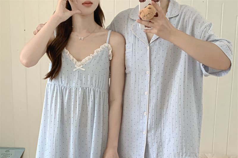 Couple Matching Elbow-Sleeve Lapel Collar Micro Dot Button-Up Pajama Top / V-Neck Lace Trim Camisole Top / Shorts / Pants / Set (Various Designs)