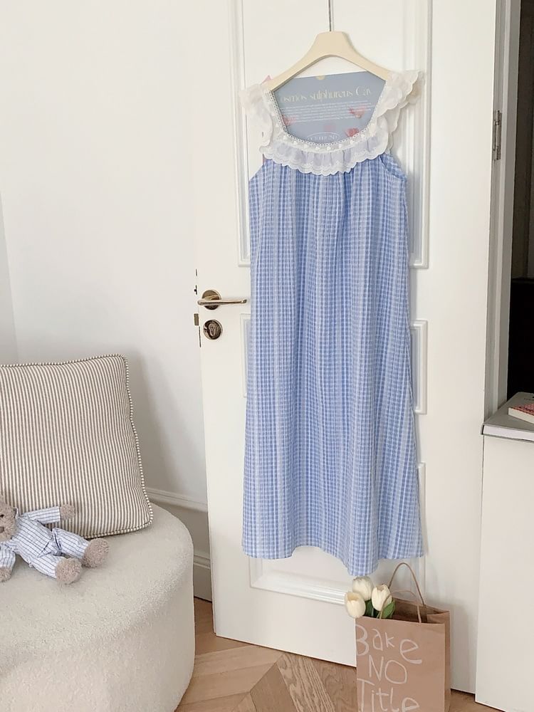 Sleeveless Square Neck Gingham Lace Trim Midi Pajama Dress / Top / Shorts / Set