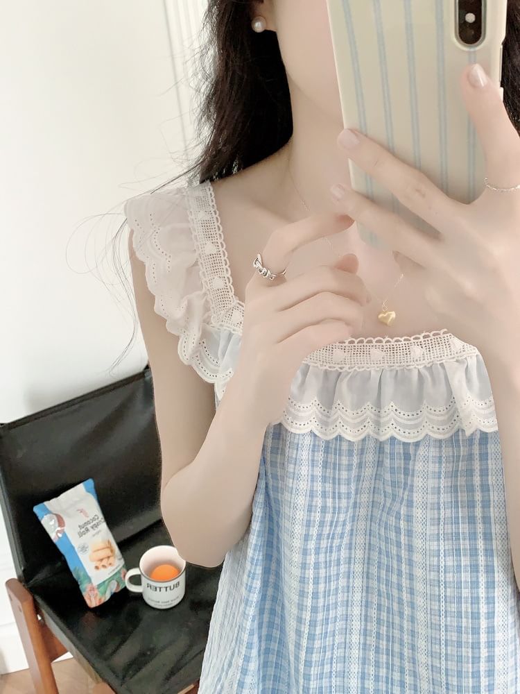 Sleeveless Square Neck Gingham Lace Trim Midi Pajama Dress / Top / Shorts / Set