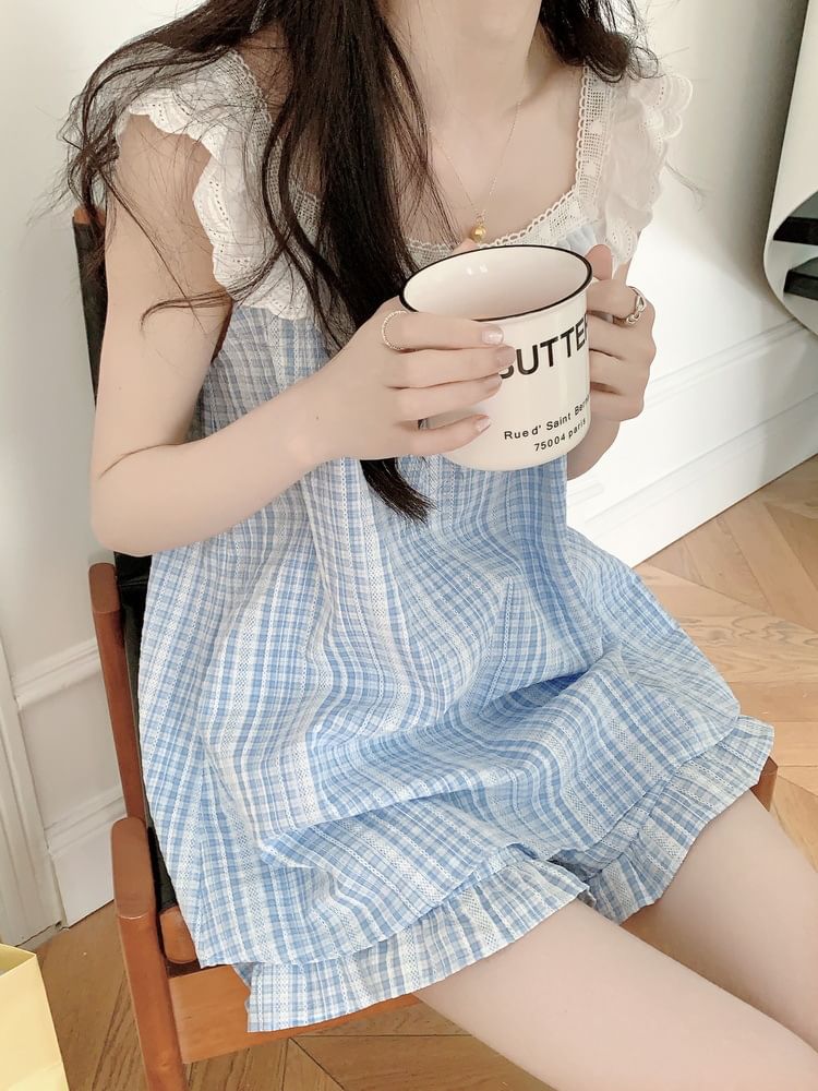 Sleeveless Square Neck Gingham Lace Trim Midi Pajama Dress / Top / Shorts / Set