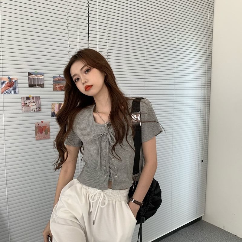 Short Sleeve Square Neck Plain Ribbed Lace Up Top
