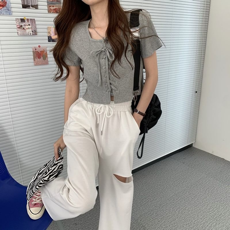 Short Sleeve Square Neck Plain Ribbed Lace Up Top