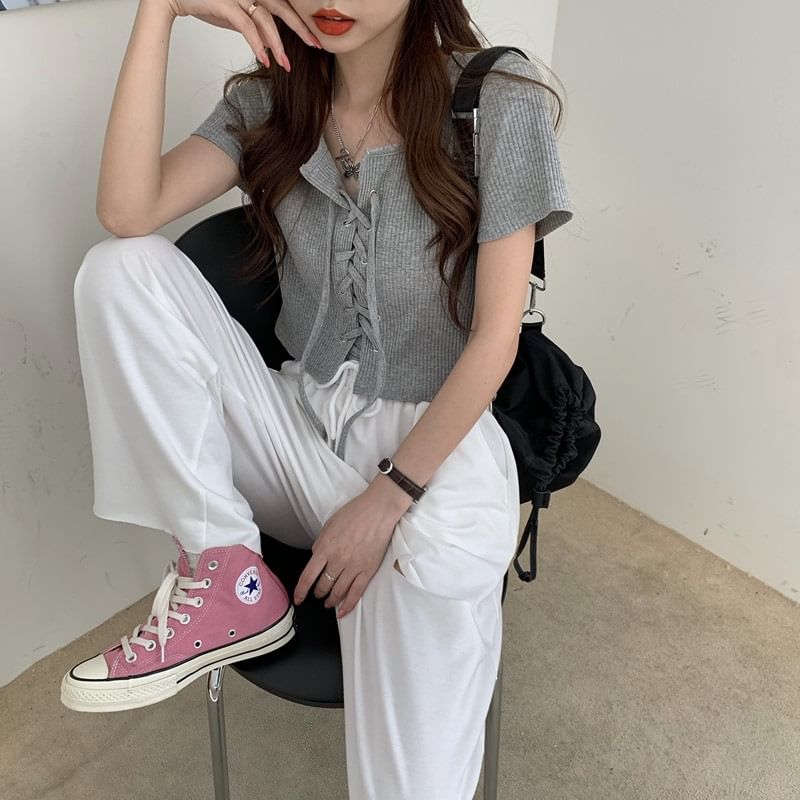 Short Sleeve Square Neck Plain Ribbed Lace Up Top