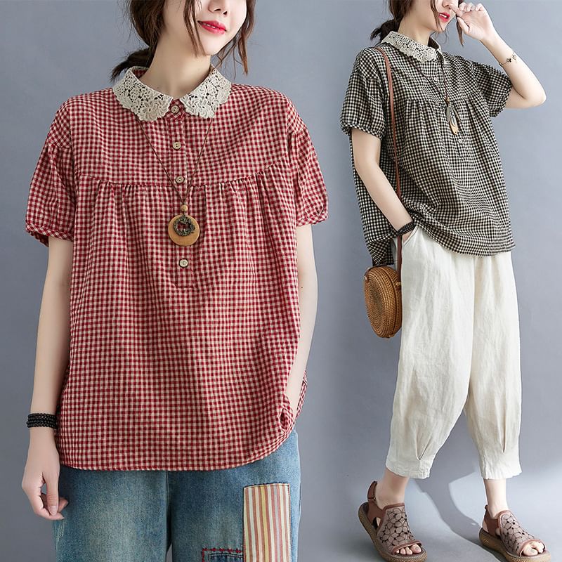 Short-Sleeve Henley Gingham Lace Trim Shirt