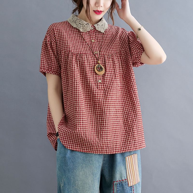 Short-Sleeve Henley Gingham Lace Trim Shirt
