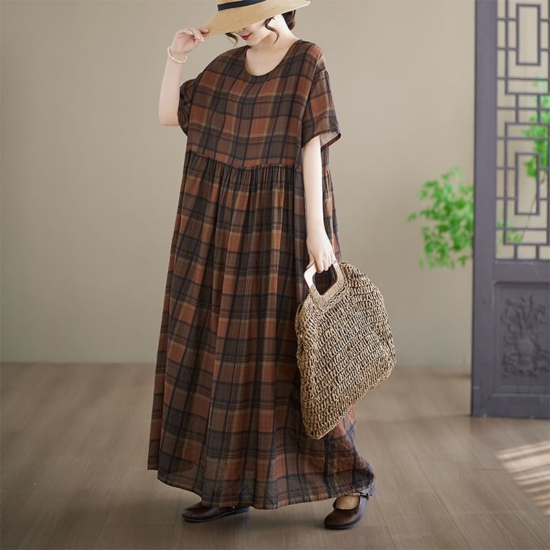 Short-Sleeve Round Neck Plaid Maxi Smock Dress