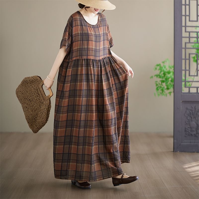 Short-Sleeve Round Neck Plaid Maxi Smock Dress