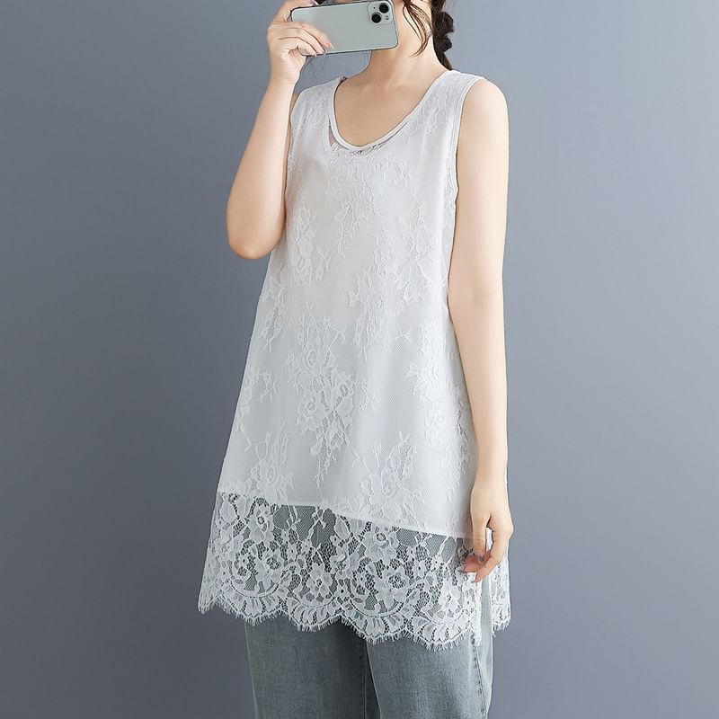 Scoop Neck Plain Lace Panel Tank Top