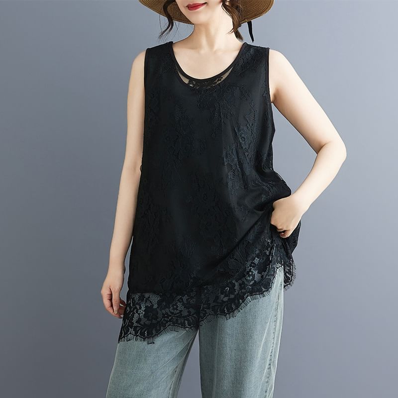 Scoop Neck Plain Lace Panel Tank Top