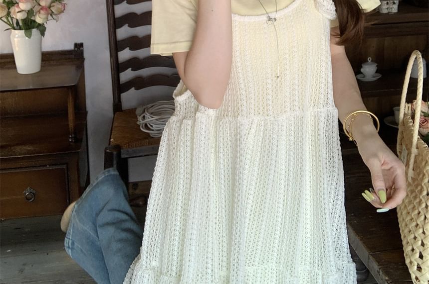 Short-Sleeve Crew Neck Plain T-Shirt / Spaghetti Strap Scoop Neck Plain Midi A-Line Dress