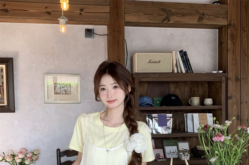 Short-Sleeve Crew Neck Plain T-Shirt / Spaghetti Strap Scoop Neck Plain Midi A-Line Dress