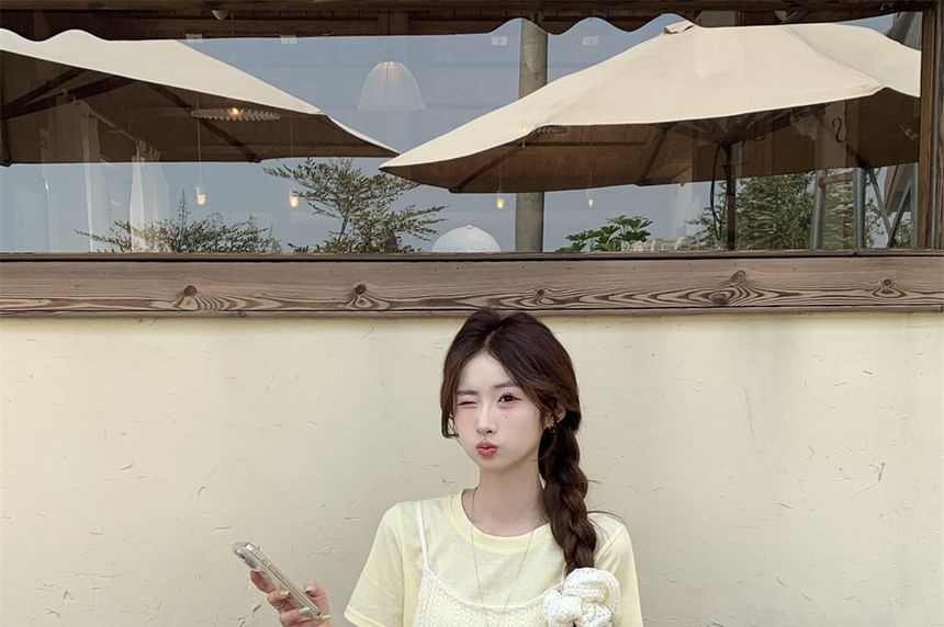 Short-Sleeve Crew Neck Plain T-Shirt / Spaghetti Strap Scoop Neck Plain Midi A-Line Dress
