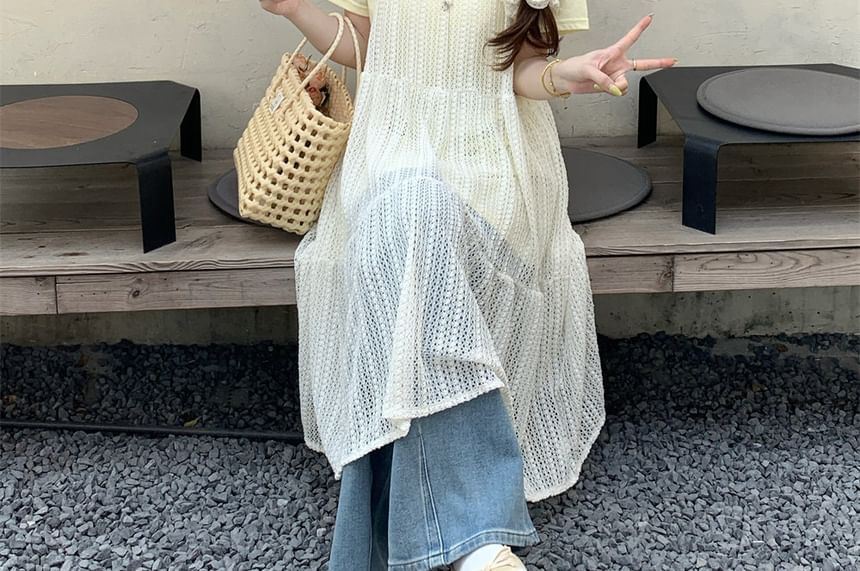 Short-Sleeve Crew Neck Plain T-Shirt / Spaghetti Strap Scoop Neck Plain Midi A-Line Dress