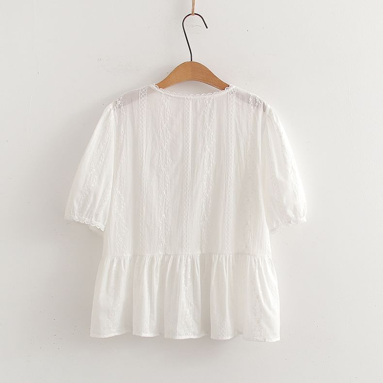 Short-Sleeve U-Neck Plain Crop Blouse