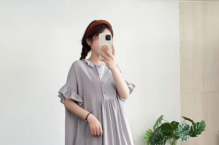 Short-Sleeve Frill Trim Plain Maxi Shift Dress