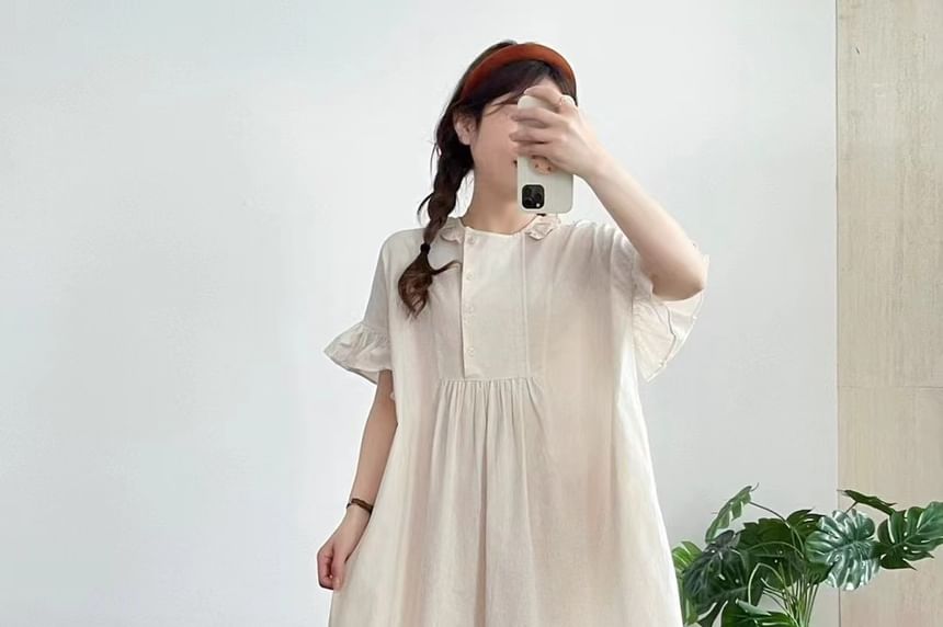 Short-Sleeve Frill Trim Plain Maxi Shift Dress
