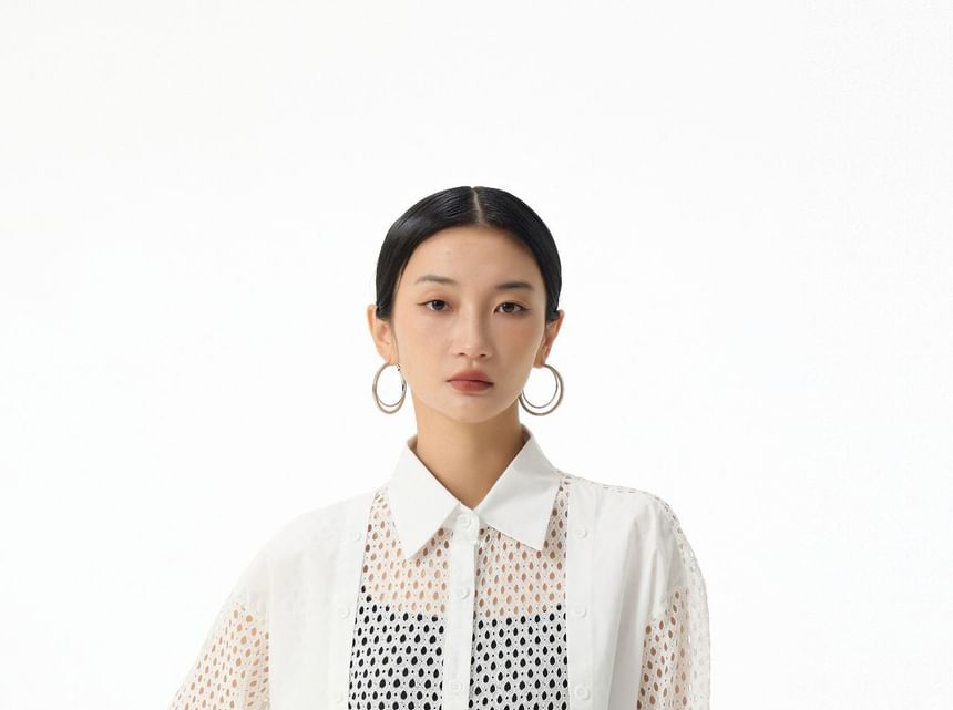 Long Sleeve Collared Plain Panel Mesh Shirt