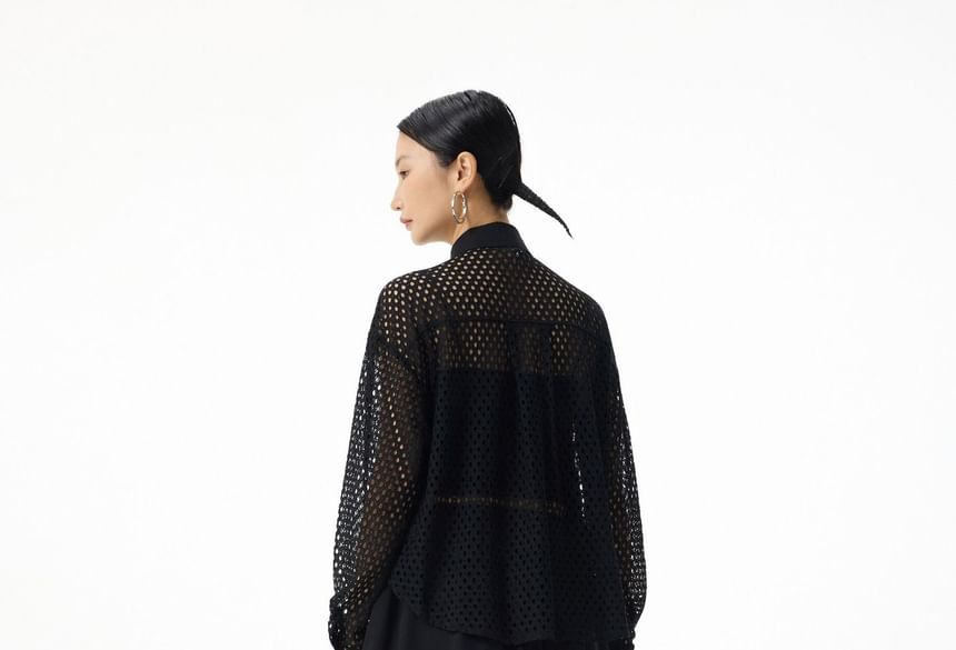Long Sleeve Collared Plain Panel Mesh Shirt