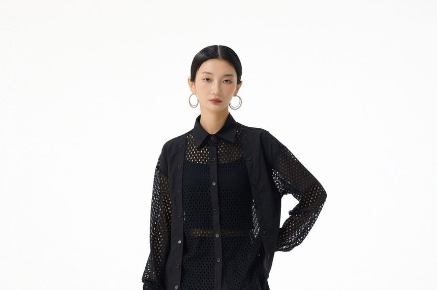 Long Sleeve Collared Plain Panel Mesh Shirt
