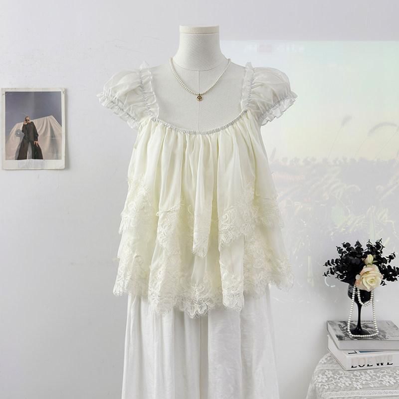 Cap-Sleeve Square Neck Lace Panel Layered Blouse