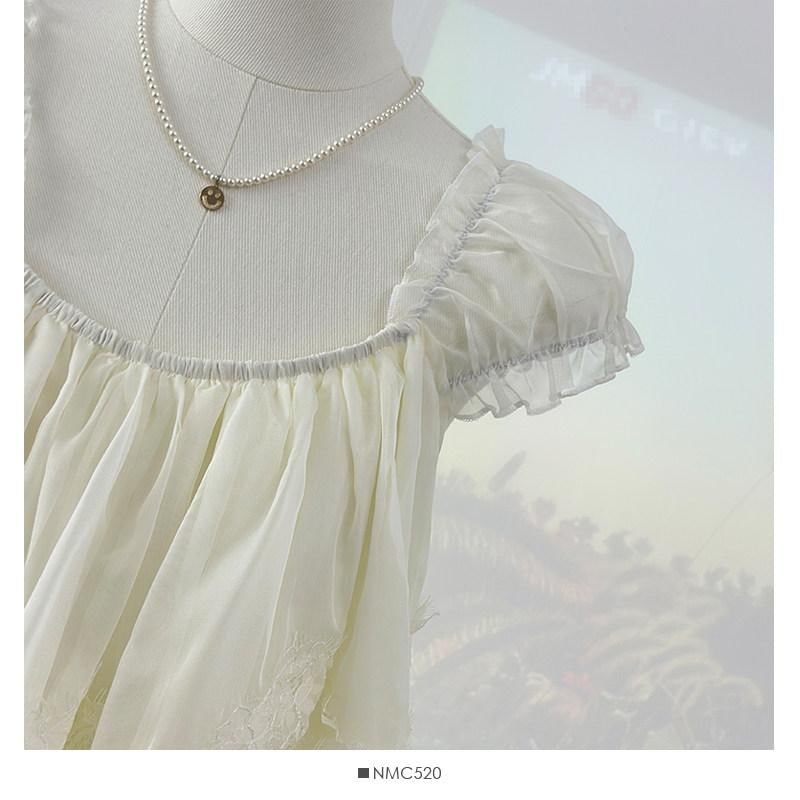 Cap-Sleeve Square Neck Lace Panel Layered Blouse